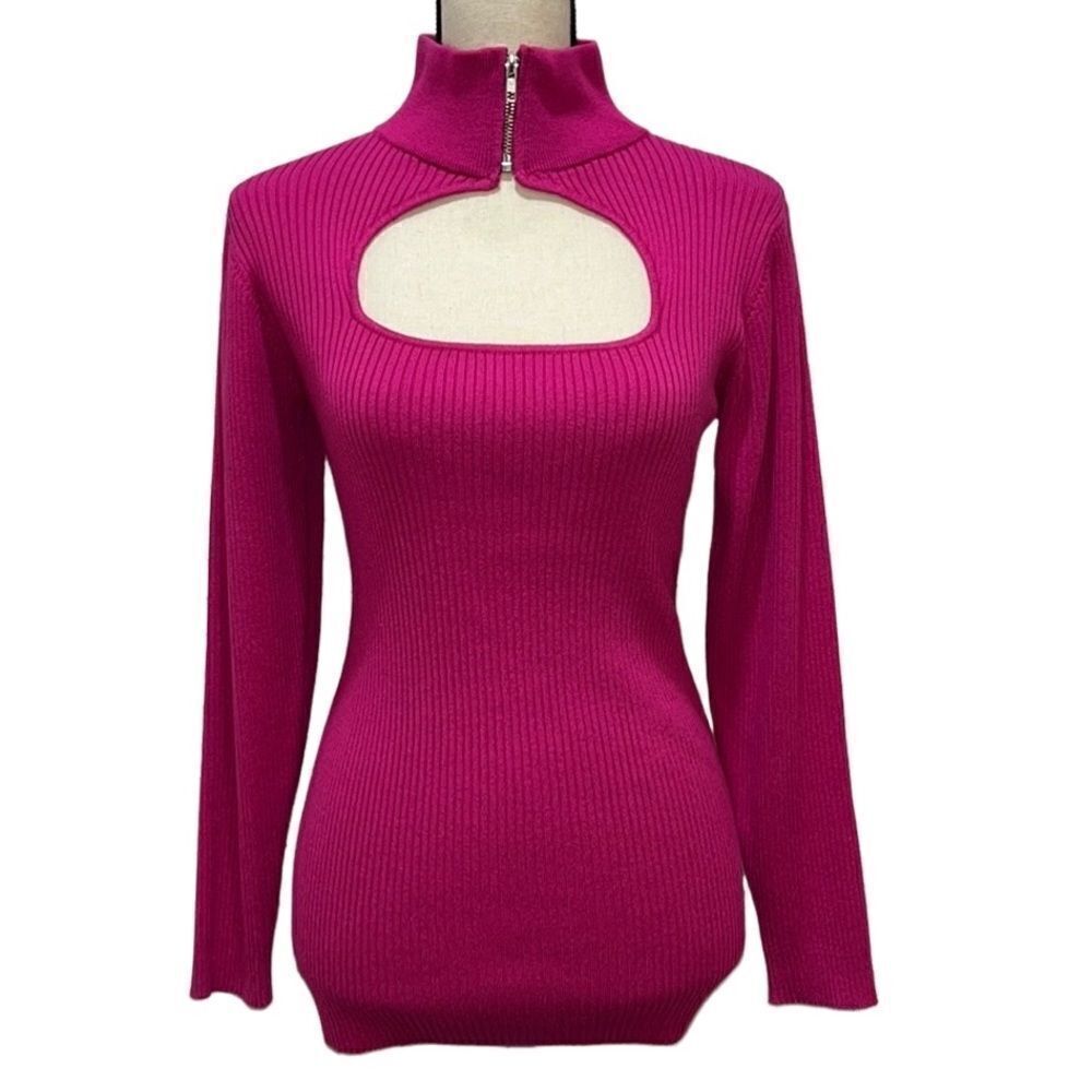 Ashley Stewart Mock Neck Zip Stretch Ribbed Knit Sweater